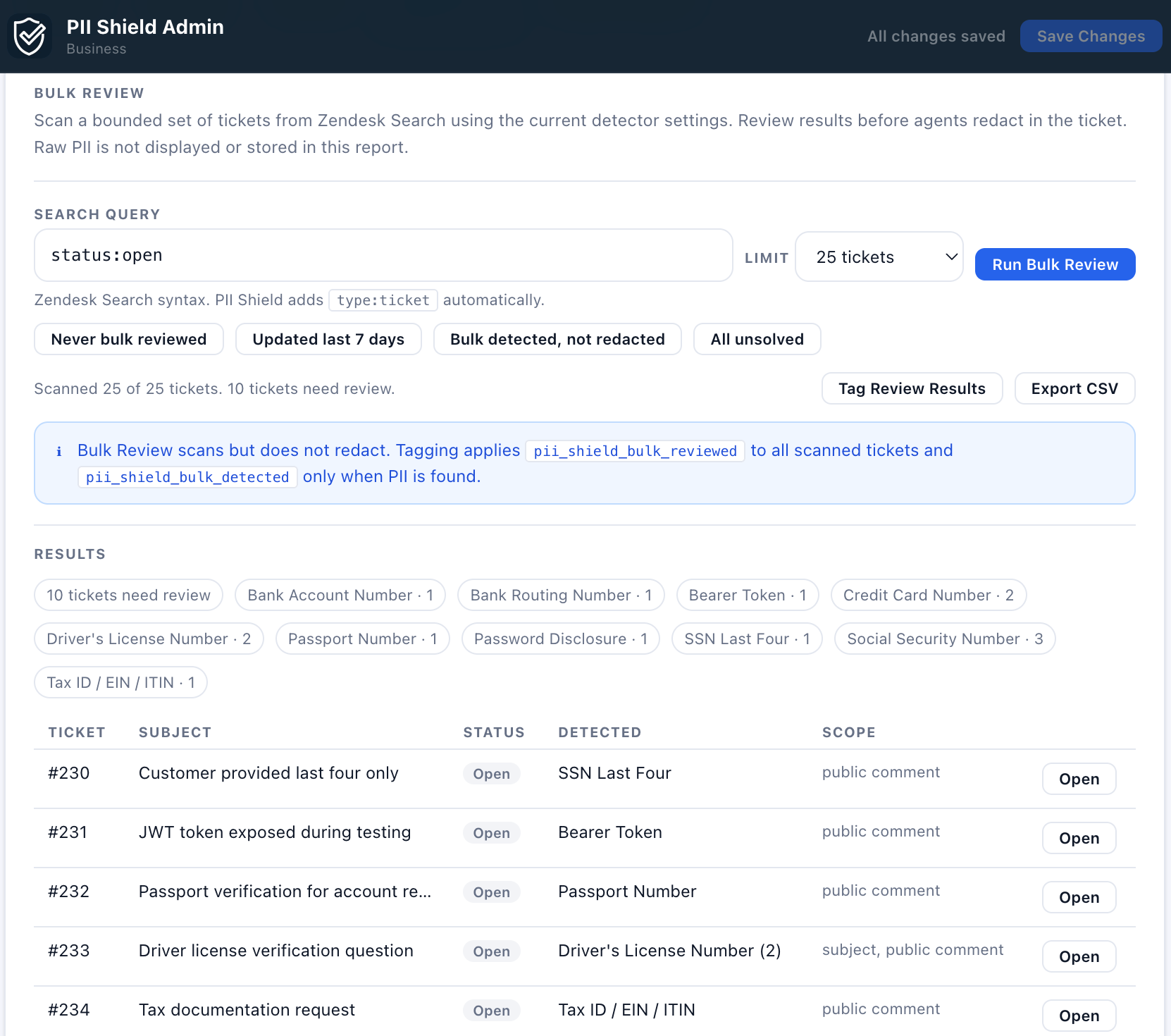PII Shield bulk review settings in Zendesk
