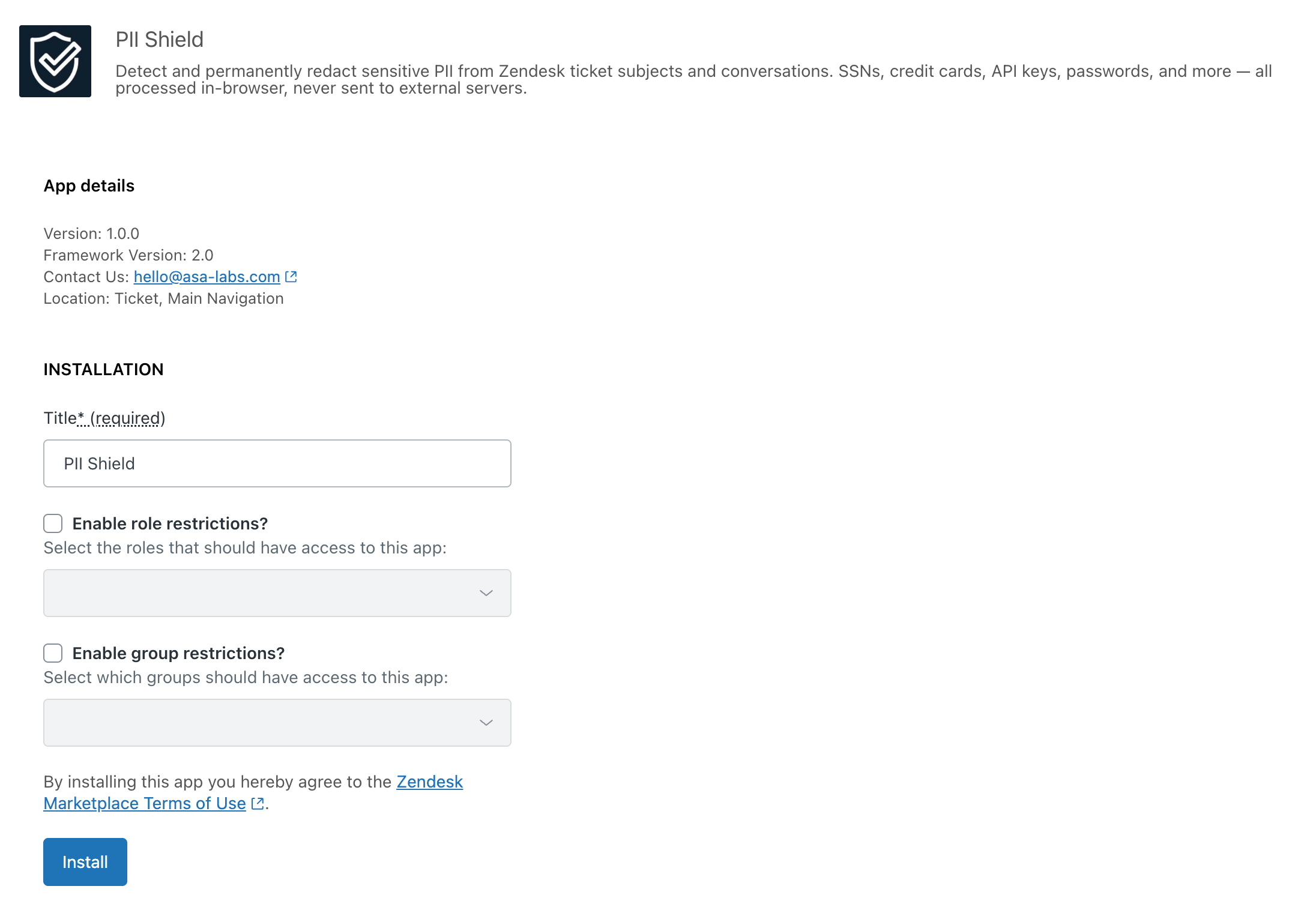 Installing PII Shield from the Zendesk Marketplace
