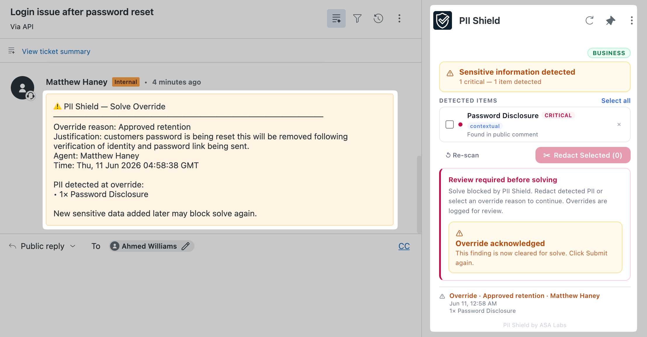 PII Shield solve override workflow in Zendesk