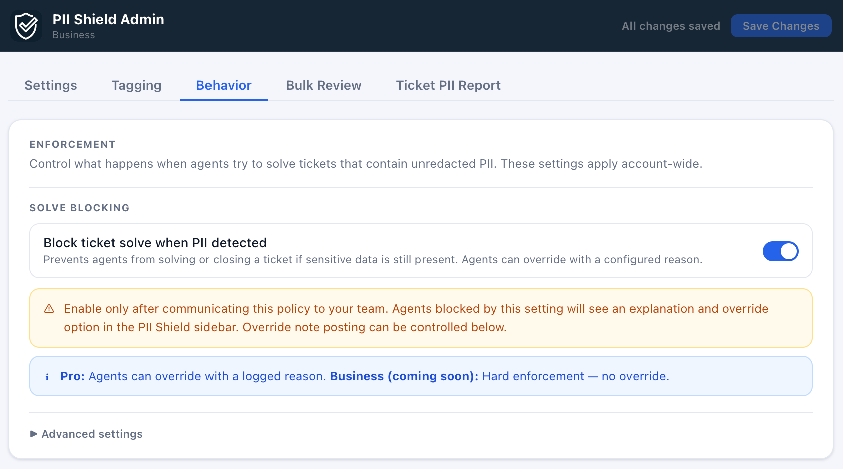 PII Shield solve blocking settings in Zendesk