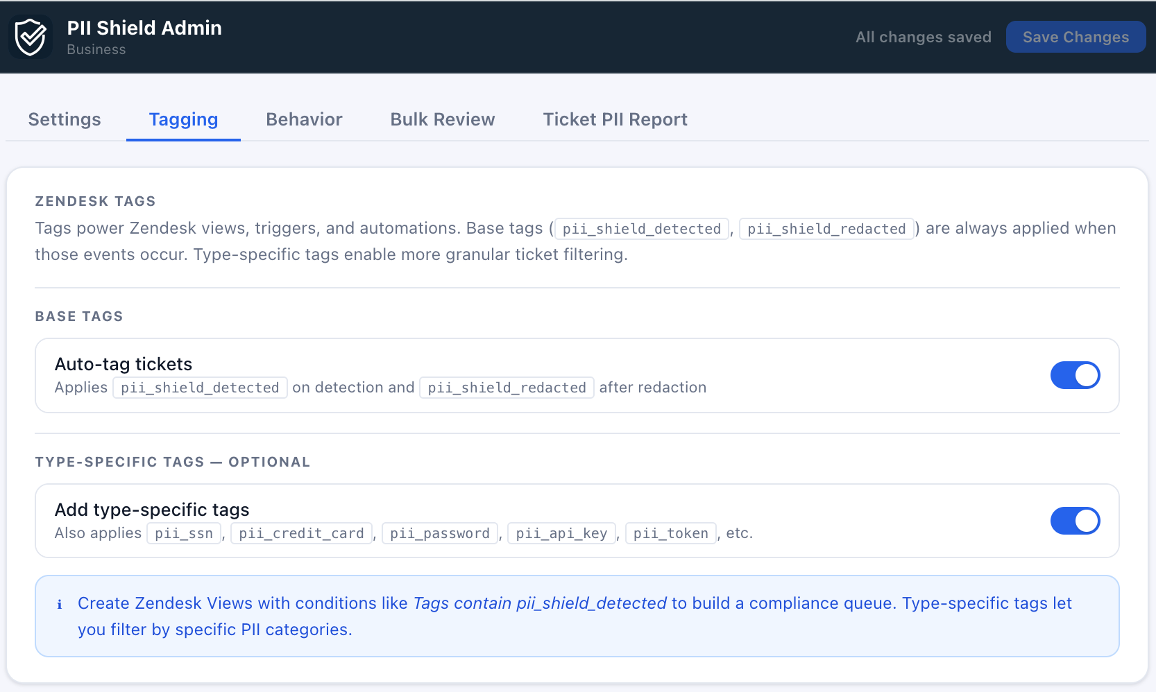 PII Shield tagging settings in Zendesk