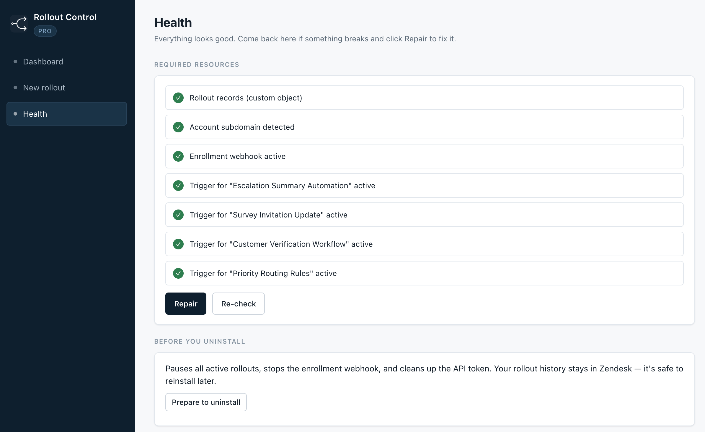 Rollout Control Health screen.